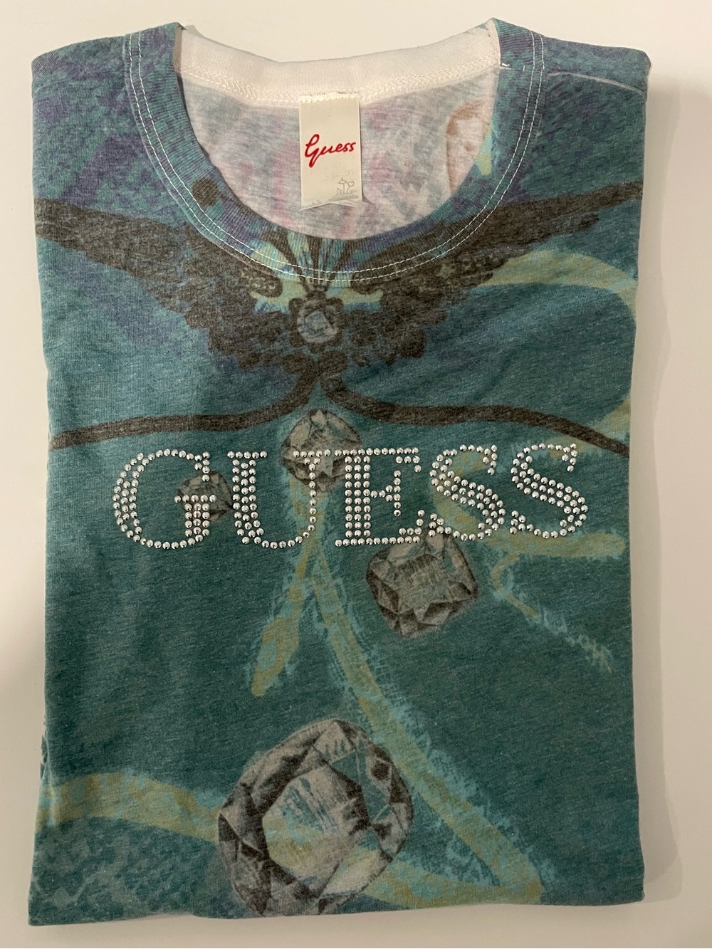 GUESS Teal Crystal Logo Short Sleeve Tee NWOT y2k find .